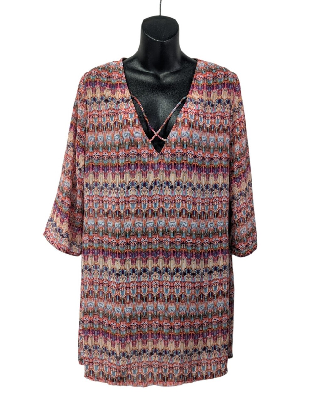 Portocruz Women's Multicolor Geometric V-Neck 3/4 Sleeve Top Blouse Tunic Size M